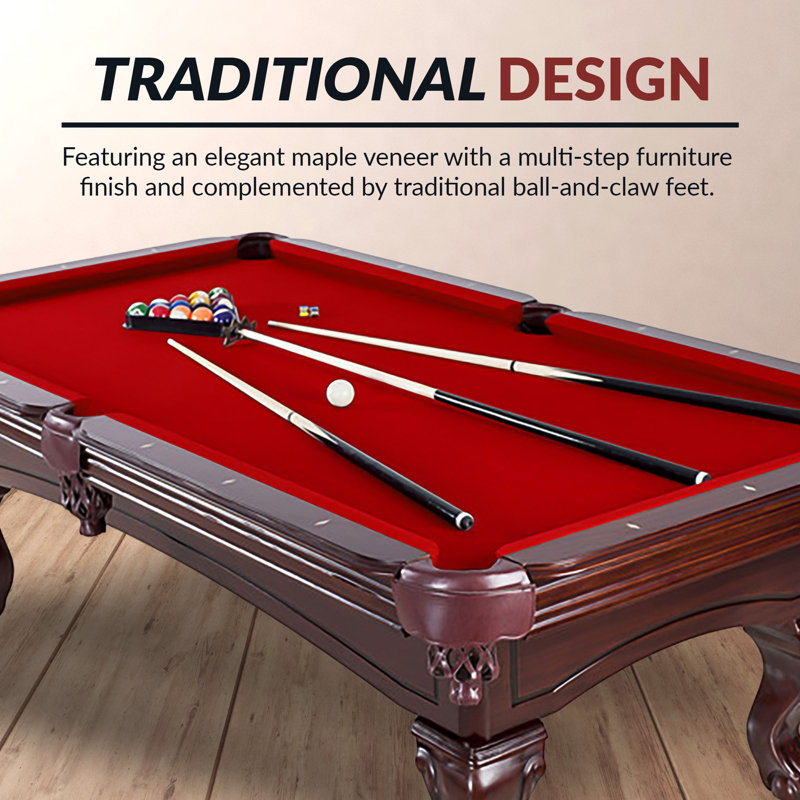 Hathaway Augusta 8 Foot Pool Table with Complete Accessories – Classic Full Size Billiard Table for Home Use – Classic Ball and Claw Legs, Inlaid Sights, K-66 Cushions – Mahogany Finish with Red Felt