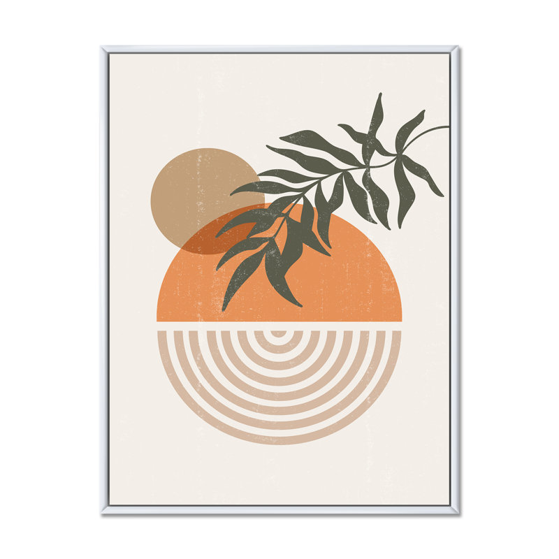 Abstrait géométrique, soleil et lune avec feuille I - cadre flottant, impression sur toile, Cadre blanc