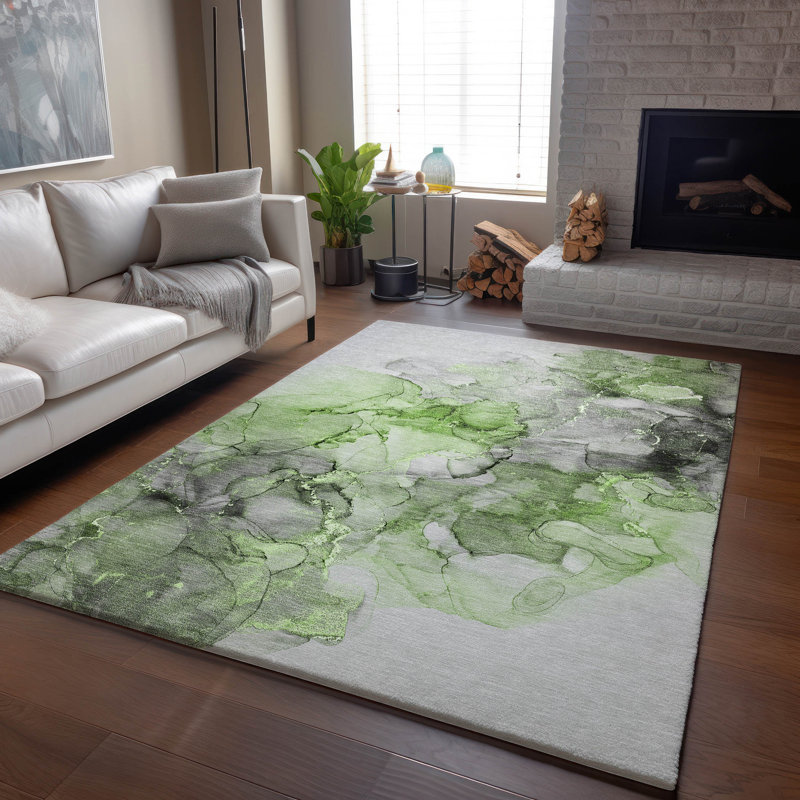 Premium Machine Washable Cerrito AMF520 Green 8' x 10' Rug, Rectangle 9 pi x 12 pi