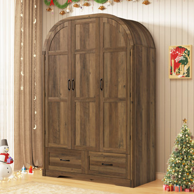 Armoire 71 "avec 3 portes Farmhouse avec miroir et lumières, garde-robe arquée en bois avec tringle et 2 tiroirs pour la chambre