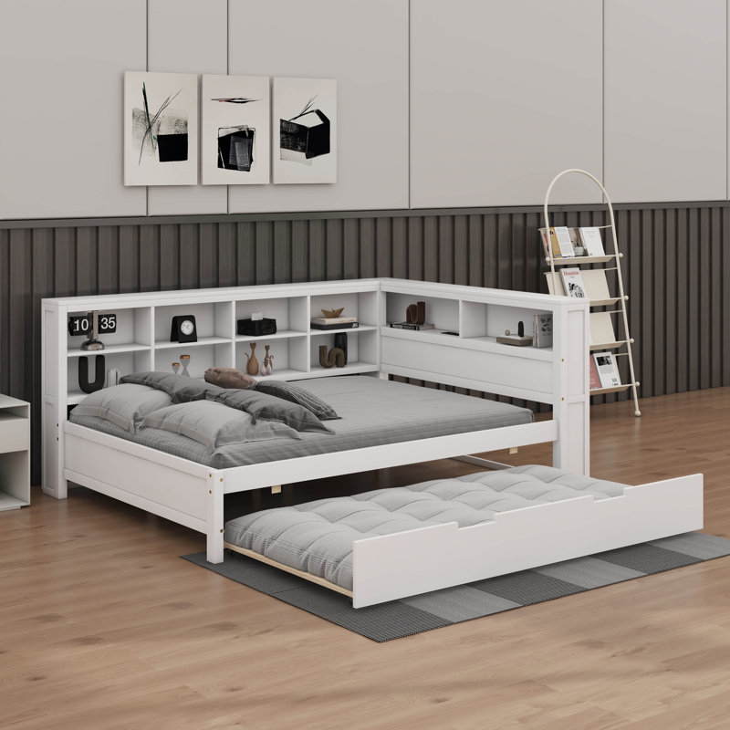 Wooden Full Size Daybed With Trundle Bed, Includes Storage Shelf & USB Charging Ports