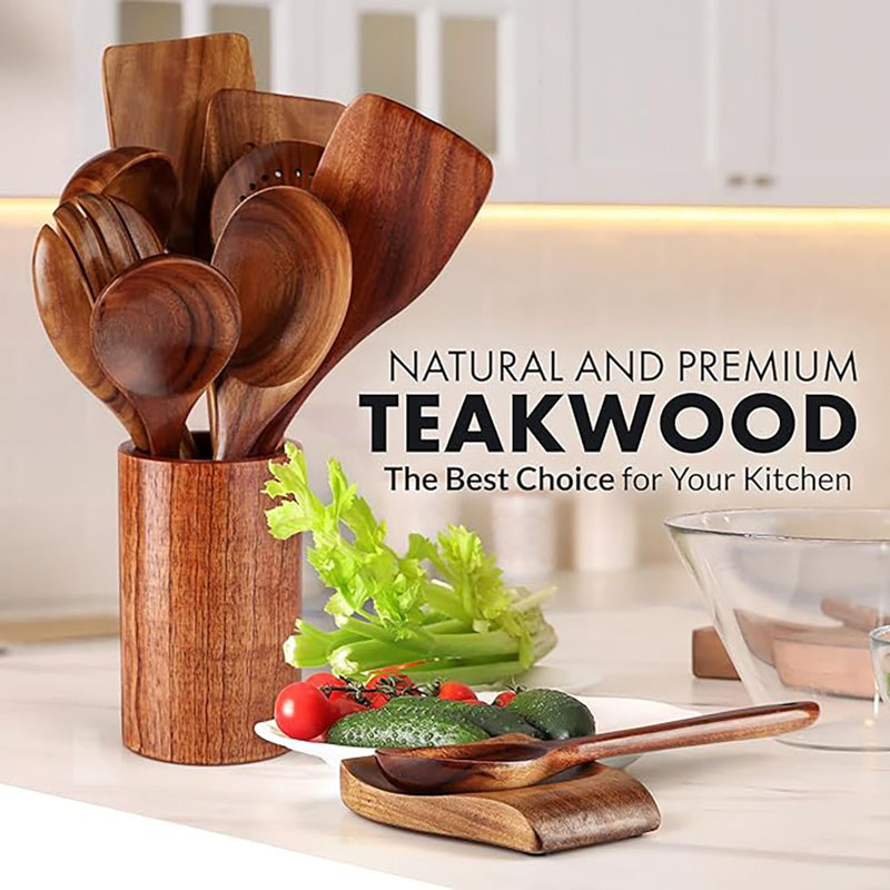 Teak Wood 10-Piece Cooking Utensil Set with Holder