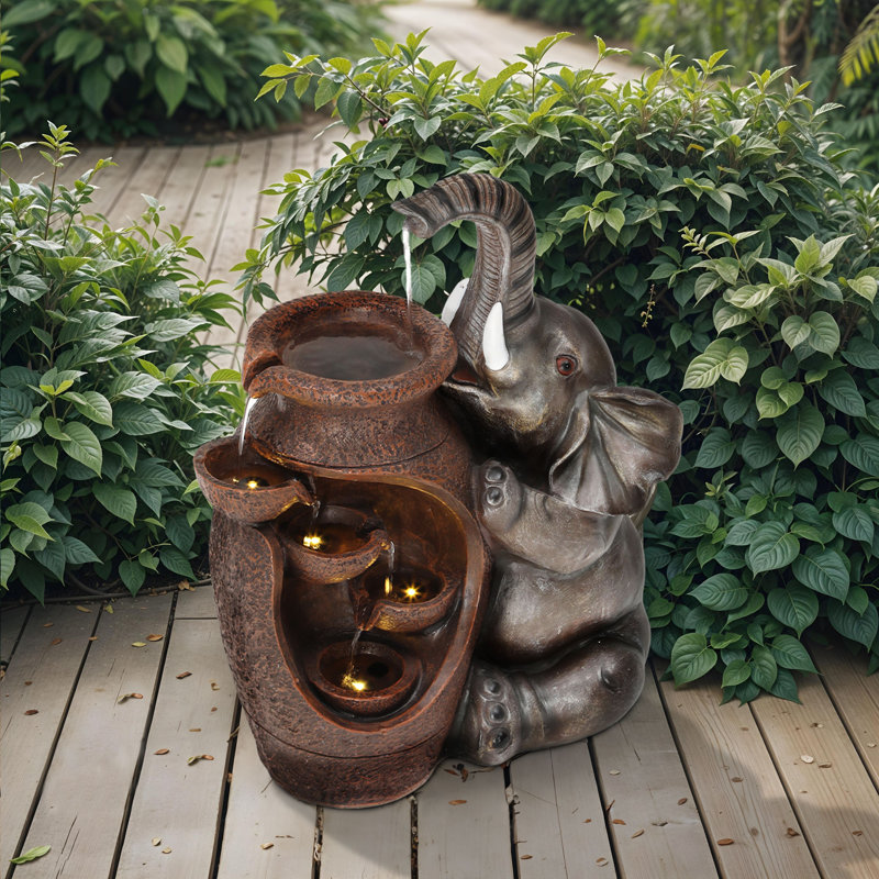 18.9"H Exquisitely Crafted Elephant Outdoor Resin Water Fountain with Lights