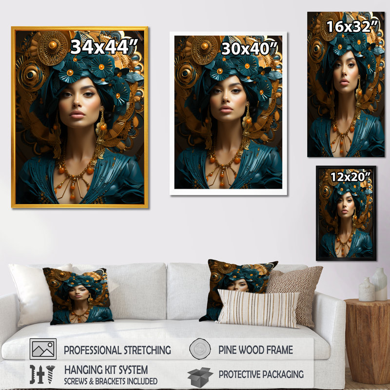 "Femme déesse Aura bleue dévoilée II", H 32 po x l 16 po x P 1 po, Cadre flottant doré