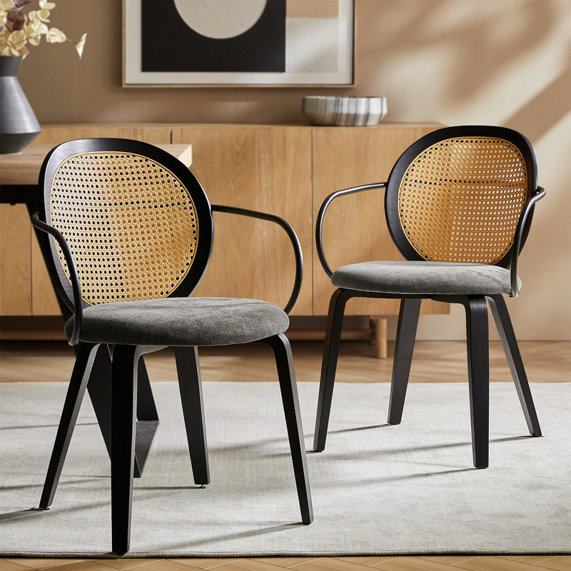 Dionisio 19.5W Mid-Century Modern Rattan Accents Dinning Chair With Solid Wood Legs Set Of 2, Dark Gray