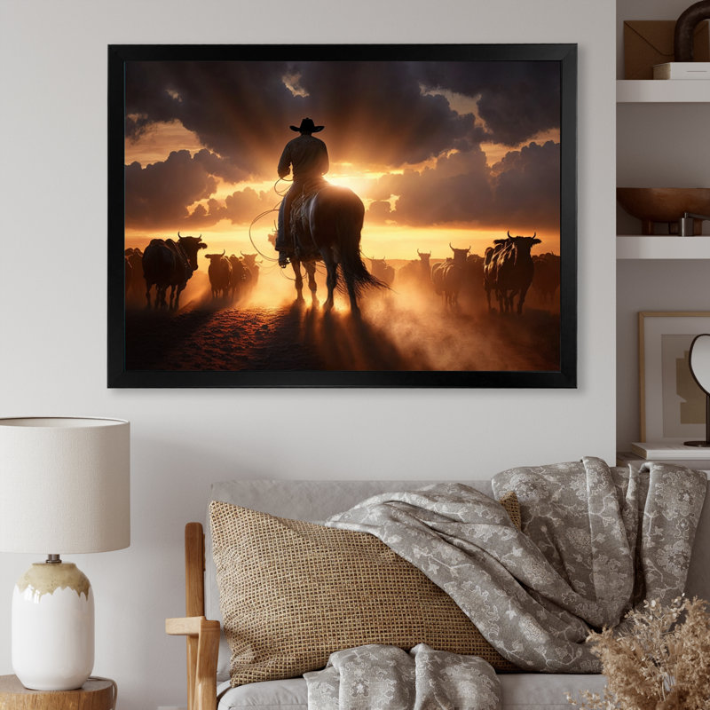 Narvin Wrangler In Sunset IV - art mural coucher de soleil, Cadre simple noir, H 34 po x l 44 po x P 1,5 po