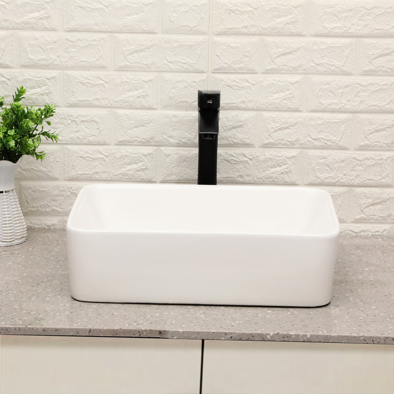 19"X15" Ceramic Vessel Bathroom Sink In White With Matte Black Faucet Faucet,
