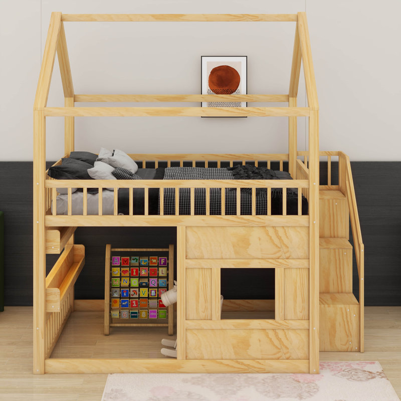 Full Size Wooden House Bed With Built-In LED Shelf Light, Wood Loft Bed With Ladder & Guardrails, Playhouse Bed, Natural