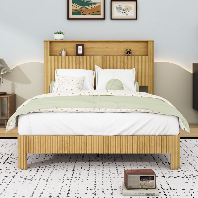 Lit plateforme en bois avec tête de lit et station de charge, Double XL, Naturel