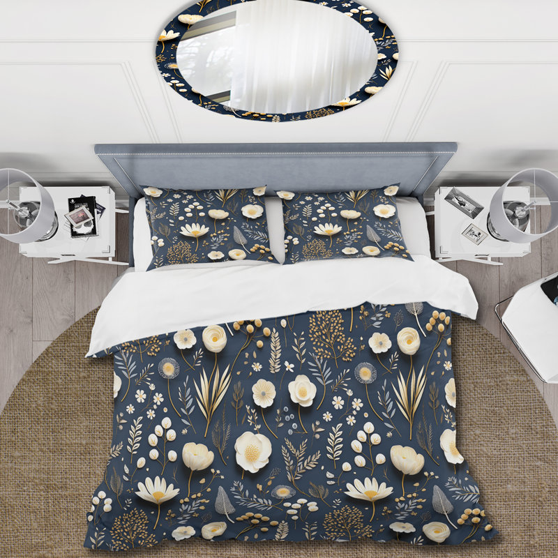 Ensemble de housse de couette fleurs bleues et blanches I, Housse de couette pour très grand lit et 2 très