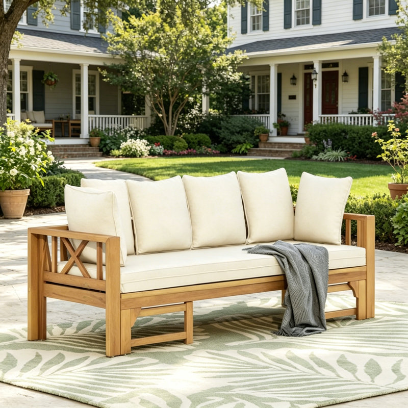  Canapé d'extérieur extensible 3 places en bois d'acacia avec coussins, méridienne de patio pour le jardin, la cour, la terrasse et la cour