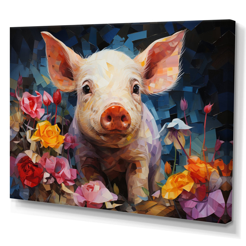 " Pink Curious Piglet Collage ", 34" H x 44" W x 1.5" D, Wrapped Canvas