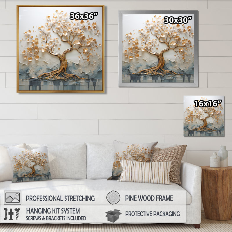 Arbre doré dans un lac au début du printemps I - décoration murale arbre, Cadre flottant blanc, bois massif