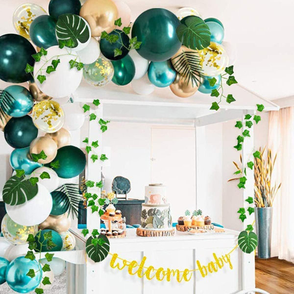 Green Balloon Arch Garland Kit, Jungle Forest Balloon Baby Shower Decorations, Oh Baby Green Balloons and Gold Confetti with Palm Leaves for Birthday