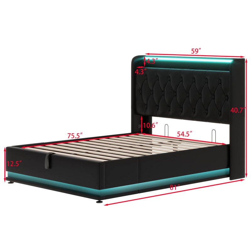 Upholstered Bed, 360 Surround LED Function, Buttons/Apps/Remote Control, Hydraulic Storage Bed With USB Type-C Charging, Full