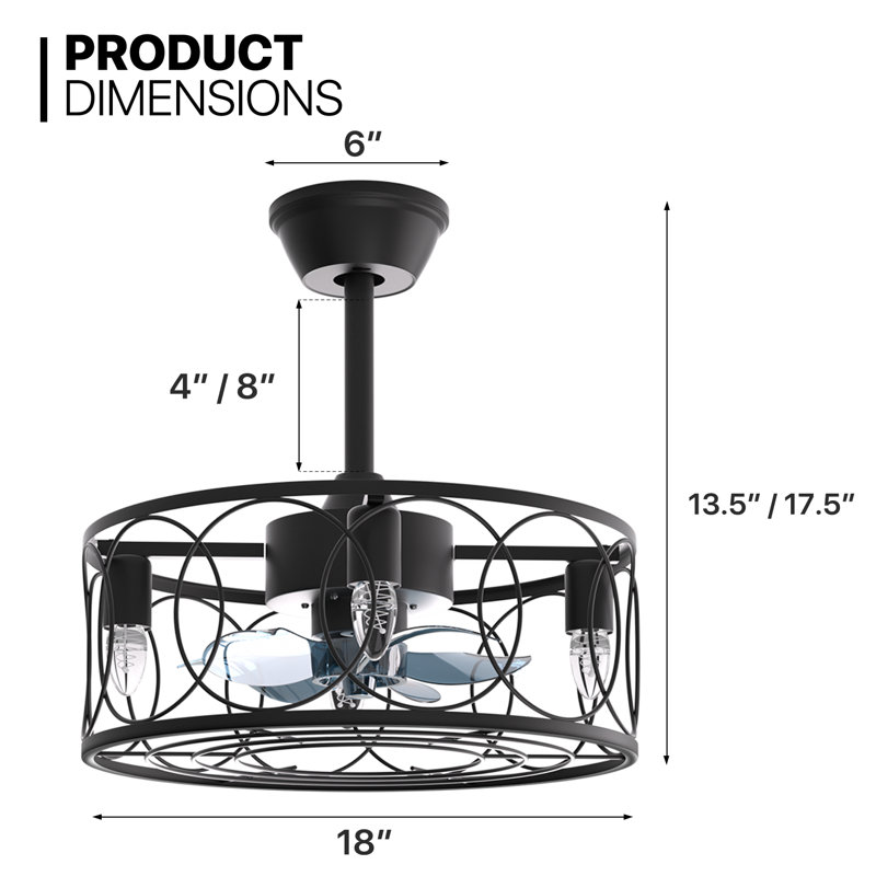 Black 18" Iron Caged Ceiling Fan with LED Light and Remote
