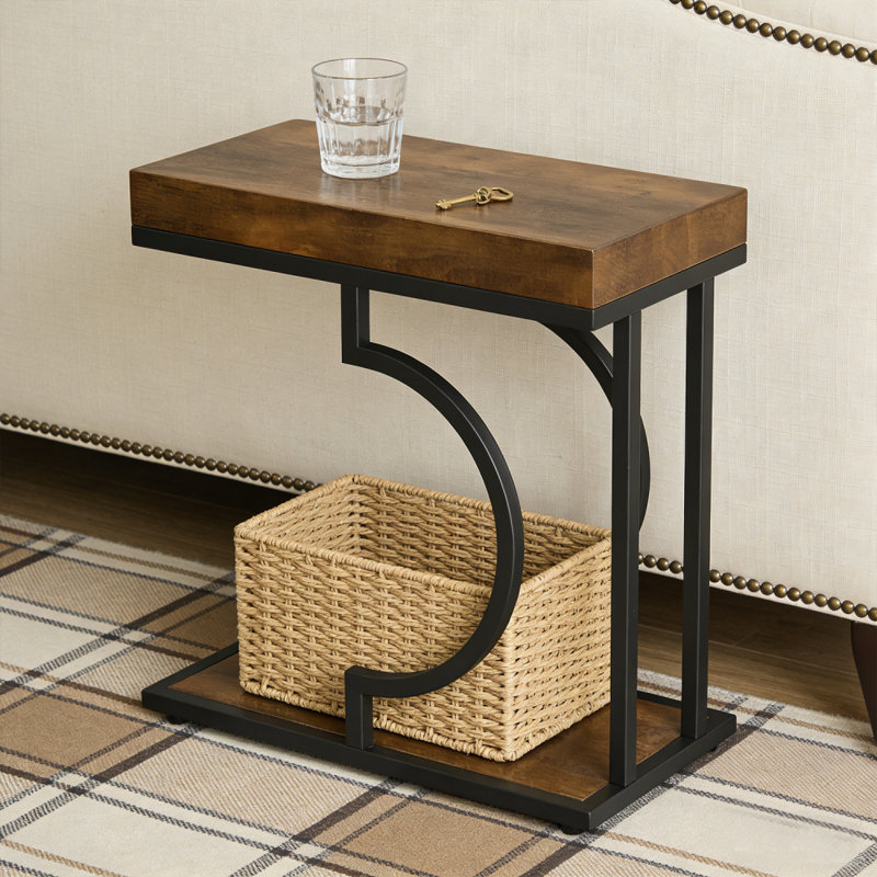 Table d'appoint, table de bout en C brun et noir, tables de chevet modernes pour canapé, petites tables de canapé avec cadre en métal pour le salon