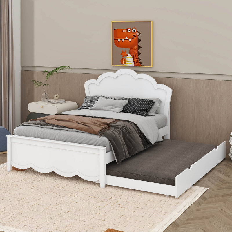 Lit plateforme simple en bois avec tête de lit et lit gigogne, Double, Blanc