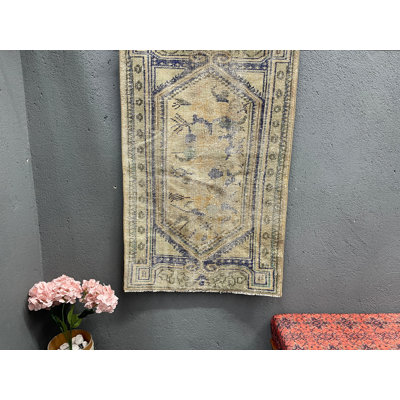 Tapis beige en laine rétro à motif géométrique 33,5 x 50,8 pouces