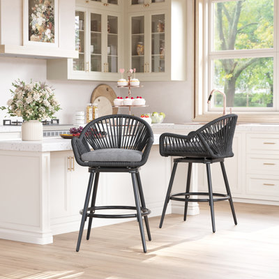 Set of 2 Aluminum Frame Bar Stools, 24" Swivel Rattan Stools with 300 lb Capacity