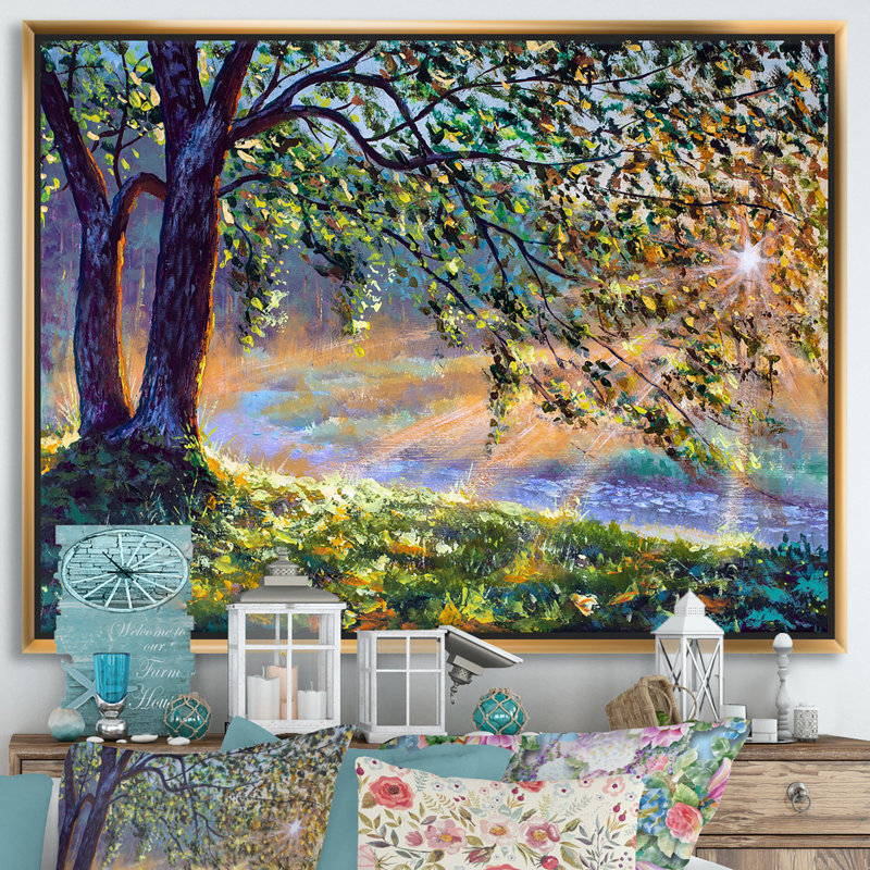 Arbre par les premiers rayons du soleil de l'après-midi - reproduction d'art sur toile, H 24 po x l 32 po, Doré