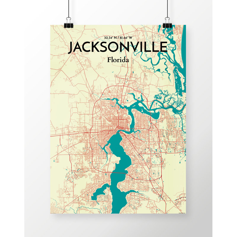 Jacksonville City Map - non encadrée, impression sur papier, H 17 po x l 11 po x P 0,05 po