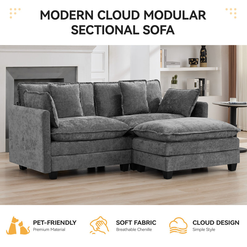 Chenille Upholstered Sectional Sofa Couch with Ottoman, 3, Light Gray