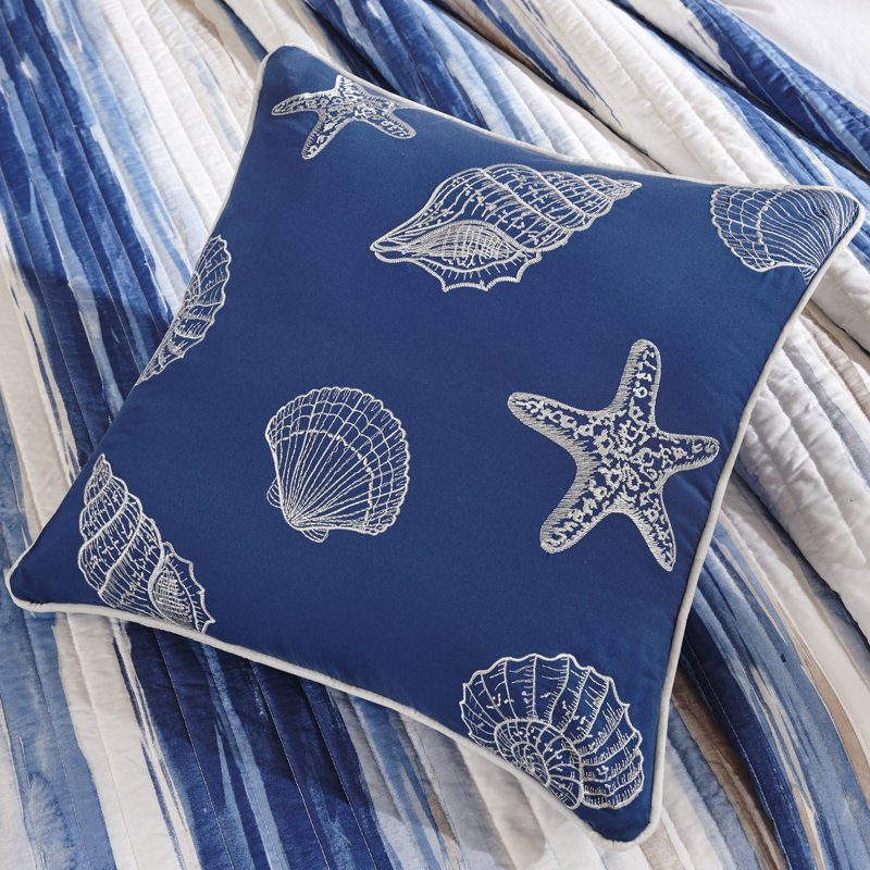 Marina 6 Piece Printed Quilt Set with Throw Pillows, Full/Queen Coverlet + 5 Additional Pieces, Blue/Beige