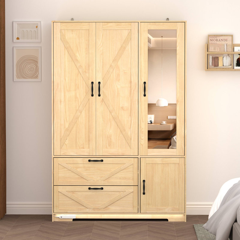 Armoire 4 portes avec miroir, armoire à DEL avec portes et 2 tiroirs, armoire de rangement en bois avec tringle, tablettes réglables