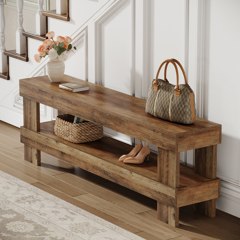 59" W Entryway Bench with Shelf, Wood Accent Bench Seating for Hallway, Entryway, Living Room, Foyer, Bedroom, Dining Room