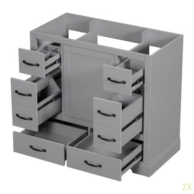 Meuble-lavabo 36 po sans lavabo, base d'armoire seulement, six tiroirs, diviseur de tiroir multifonctionnel, tablette réglable