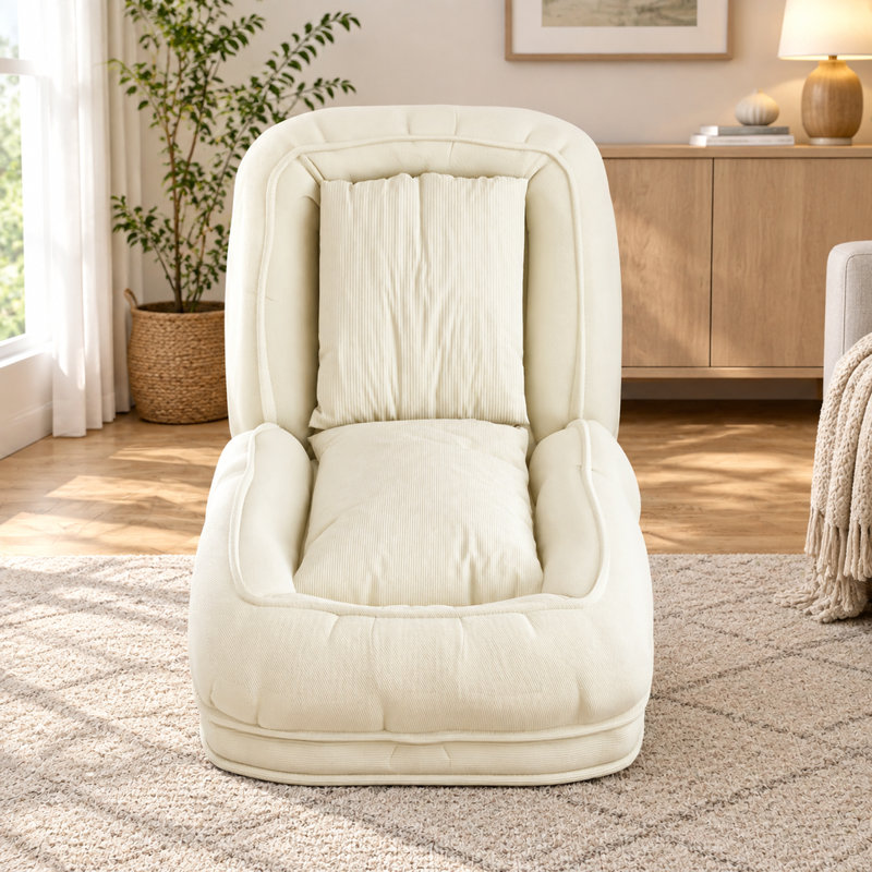 Foldable Adjustable Upholstered Lazy Sofa Bed With 2 Pillows, Off White