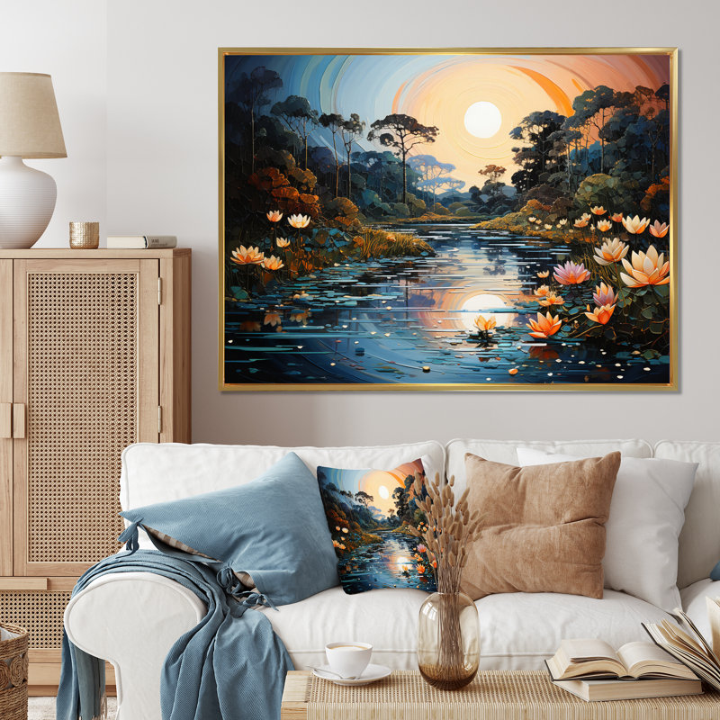 Blue Green Pointillism River At Night V - Pointillism Wall Art Living Room, Cadre flottant doré, H 16 po x l 32 po x P 1 po
