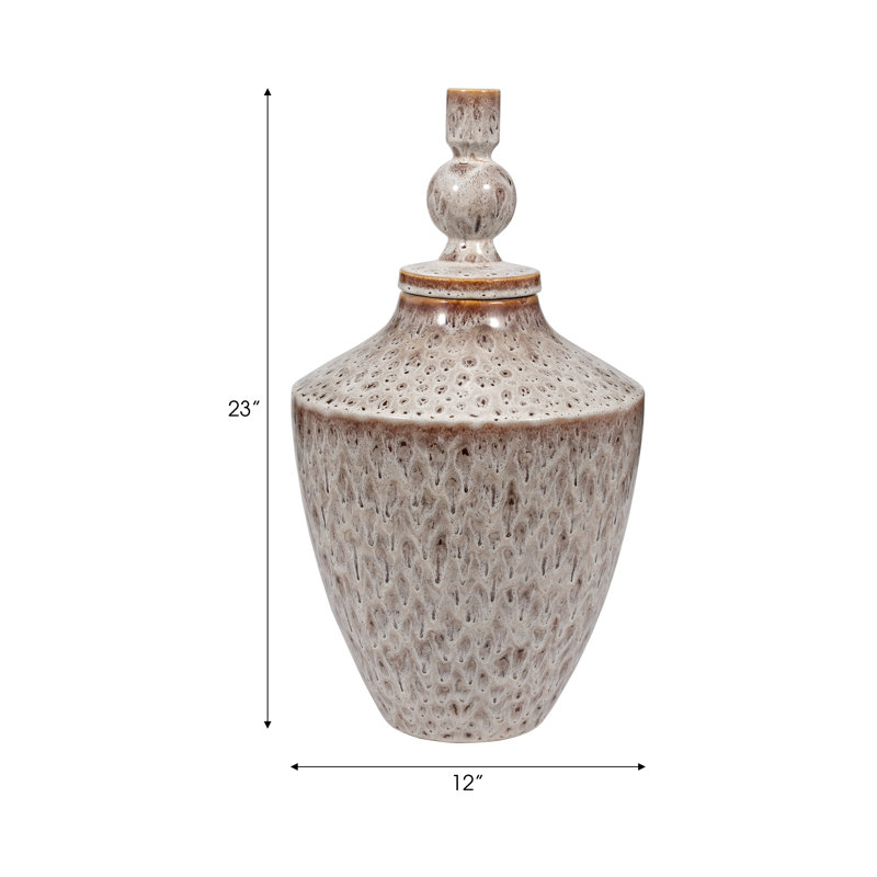 Stoneware Decorative Vase with Textured Design and Removable Lid - Modern Accent Piece, Brown/Beige, 23" H x 12" W x 12" D