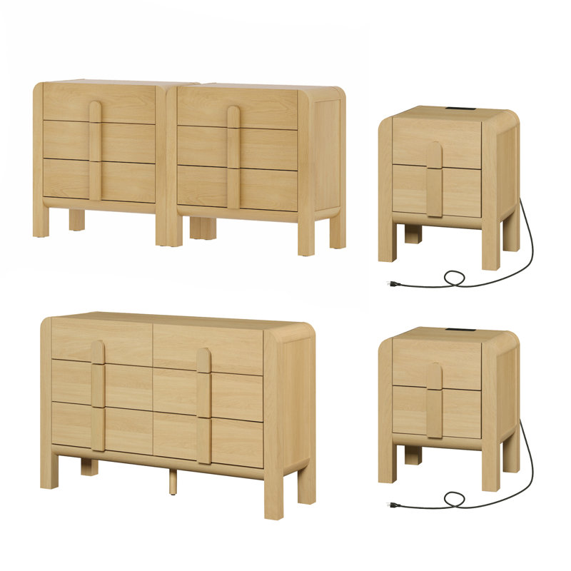Ensemble de chambre à coucher, commode en bois et ensemble de table de chevet 5 pièces Adora, Chêne