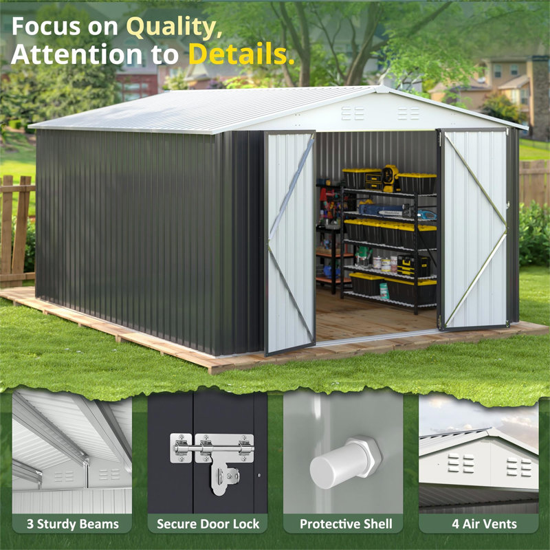 12 ft. W x 10 ft. D Outdoor Metal Shed Storage with Updated Frame Structure and Lockable Doors