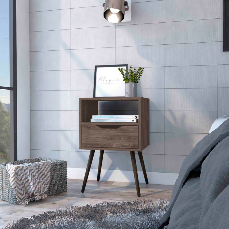 Allie Nightstand, Top, Open Shelf, One Drawer, Brown
