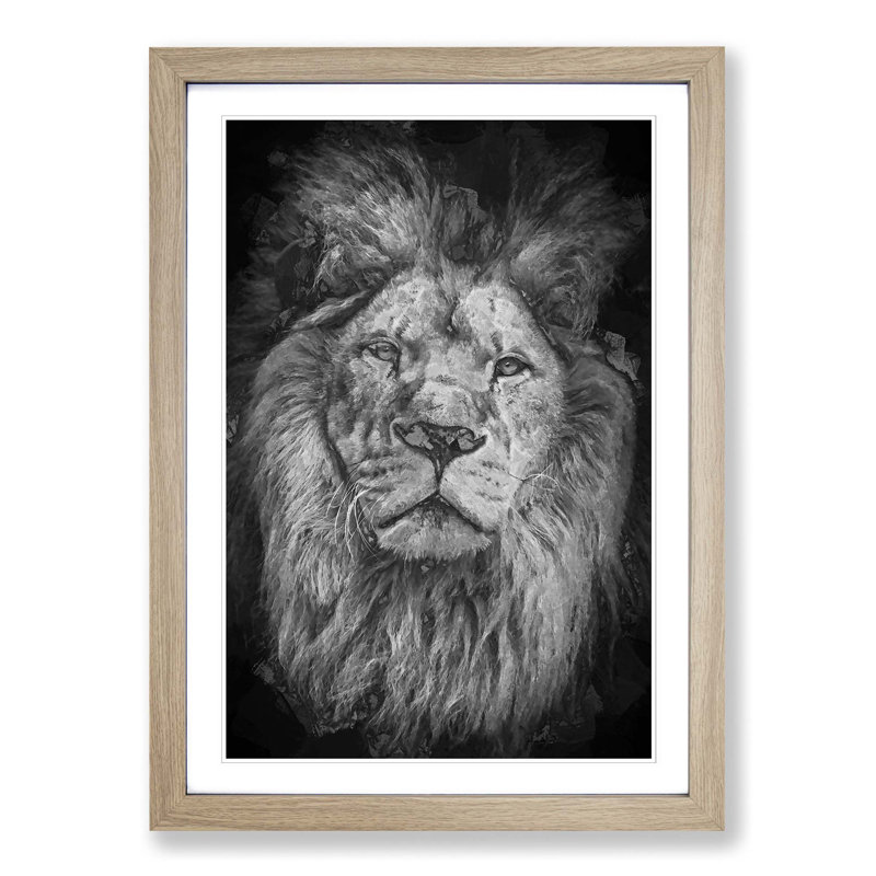 The Proud Lion in Abstract - Picture Frame Graphic Art Print on MDF, 87cm H x 62cm W x 2cm D, Oak Framed
