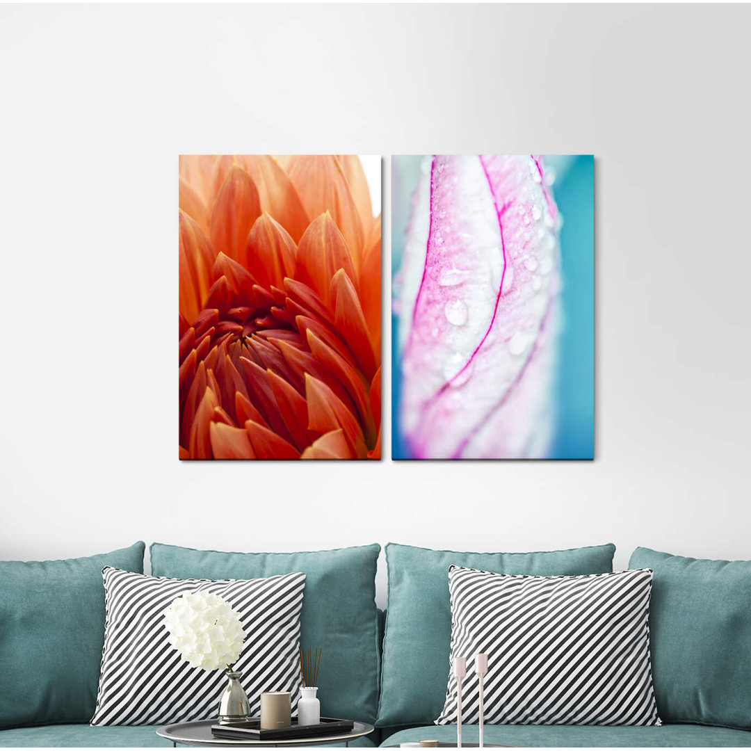 2-tlg. Leinwandbilder-Set - Fotografie „Dahlia Red Blossom Raindrops Summer Orchid Harmony”