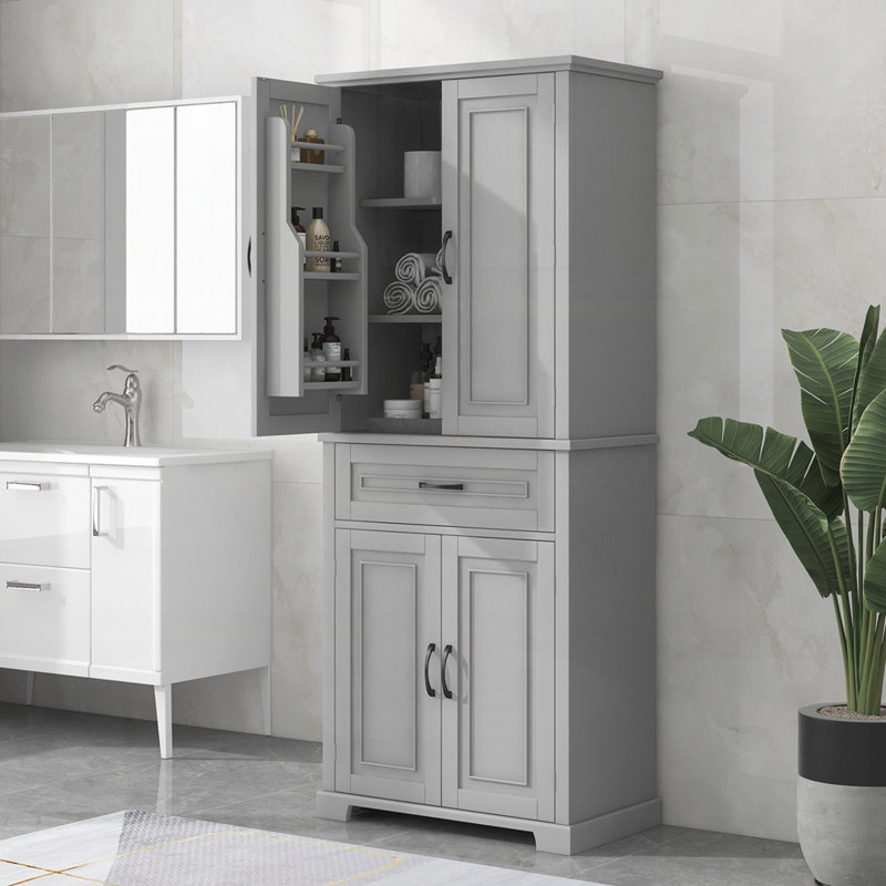 Armoire de rangement pour salle de bain avec portes et tiroir, plusieurs espaces de rangement, tablette réglable, Gris