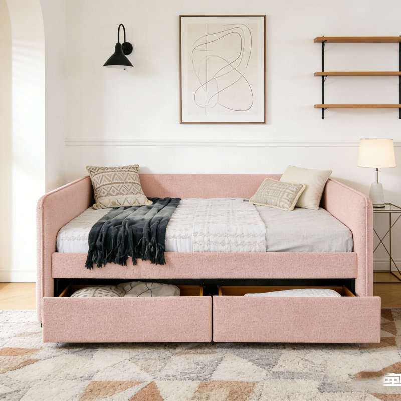 Boucle Fabric Daybed, Queen, Pink-2 Drawers