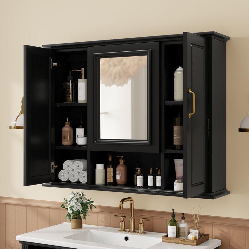 Armoire de rangement pour salle de bain avec miroir, Noir mat
