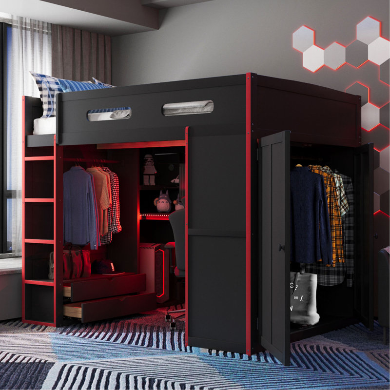 Lit mezzanine double en bois avec bureau, garde-robe, grand espace de rangement et lumière DEL RVB, Rouge
