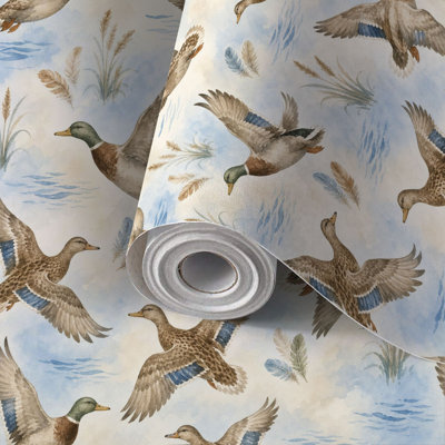 Peel and Stick Wallpaper Contact Paper Watercolor Mallard Ducks Blue Self Adhesive and Removable 24in x 118in(60x300cm)