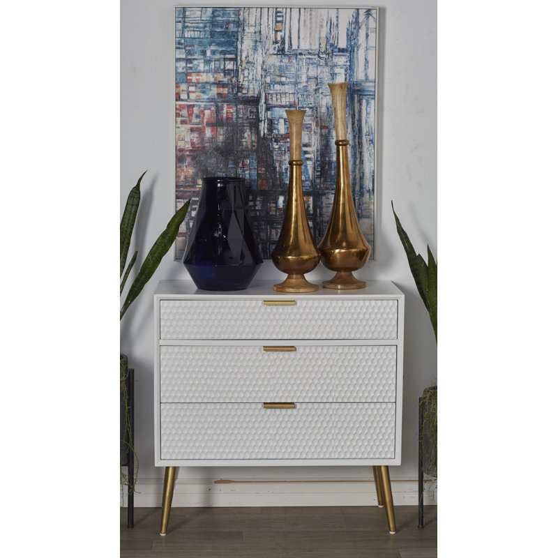 Dimitris Wooden Geometric White Cabinet with Gold Accents