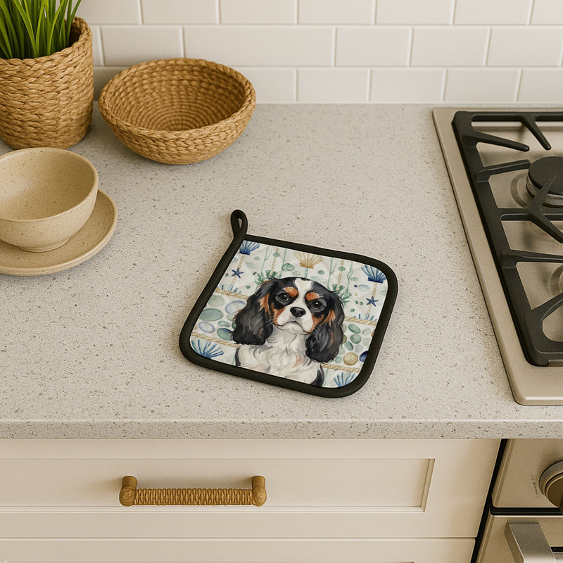 Tricolor Cavalier Spaniel Coastal Sea Glass Pair of Pot Holders