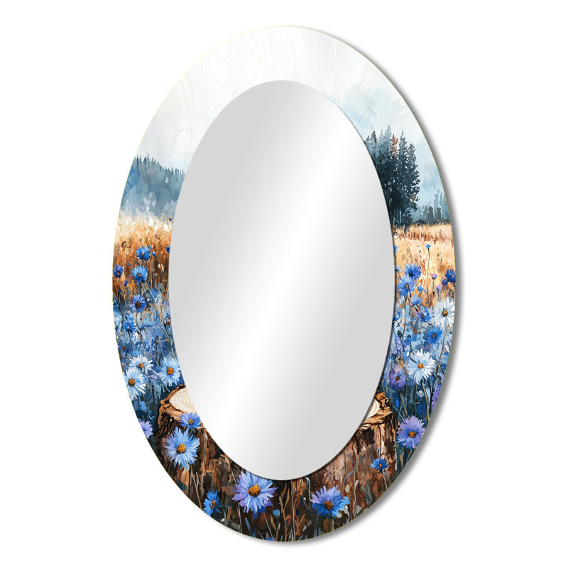 Cornflowers Garden At The Barn On Slide II - Miroir mural moderne bleu ovale, 36 po x 24 po