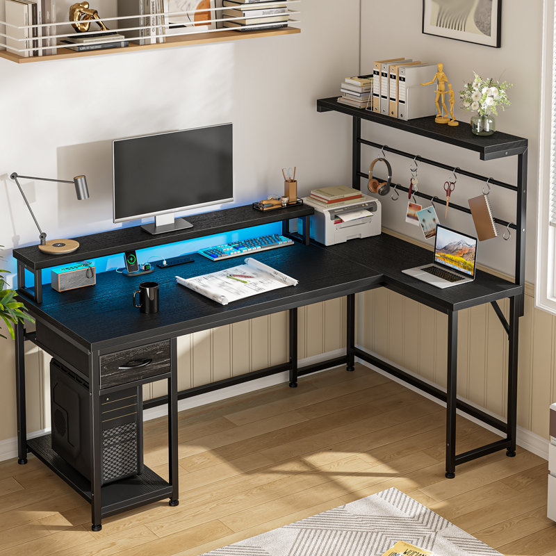Bureau d'ordinateur de jeu en L avec prises de courant, lumières à DEL et tiroir pour le bureau personnel, Noir