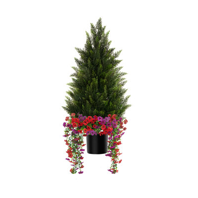 Artificial Cedar Tree with Flowers, Tall Faux Plant in Pot for Home, Garden or Commercial Decor