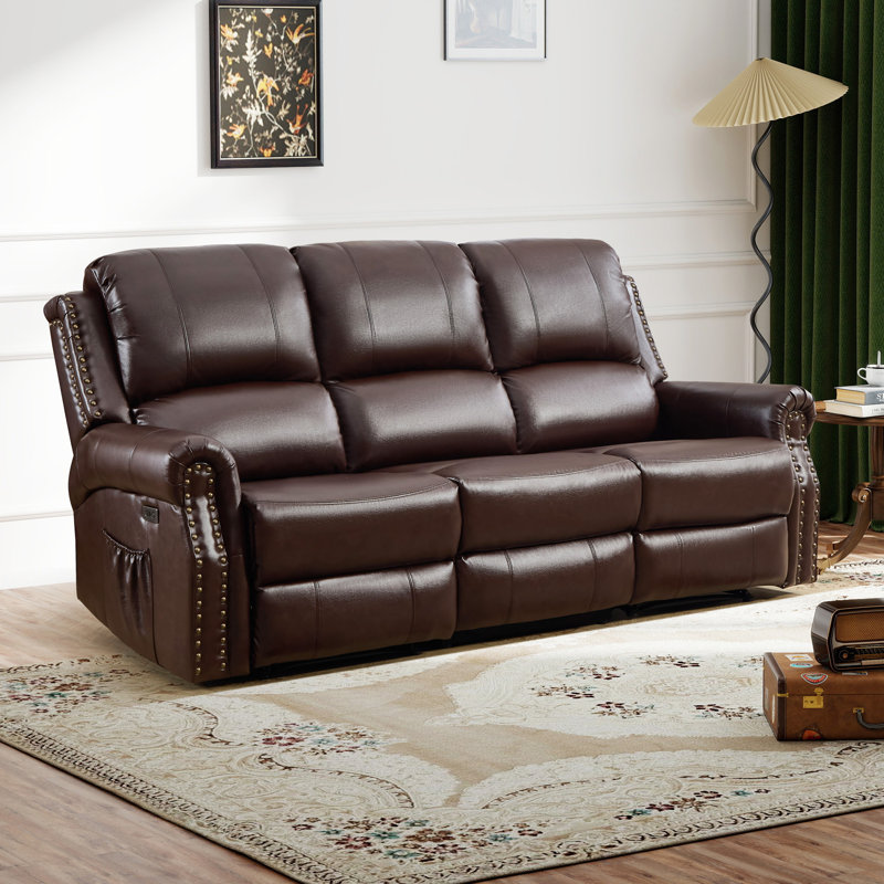 84.65'' Wide Faux Leather Nailhead Electric Reclining Sofa With USB & Type-C Ports, Vintage Style, Rustic Brown